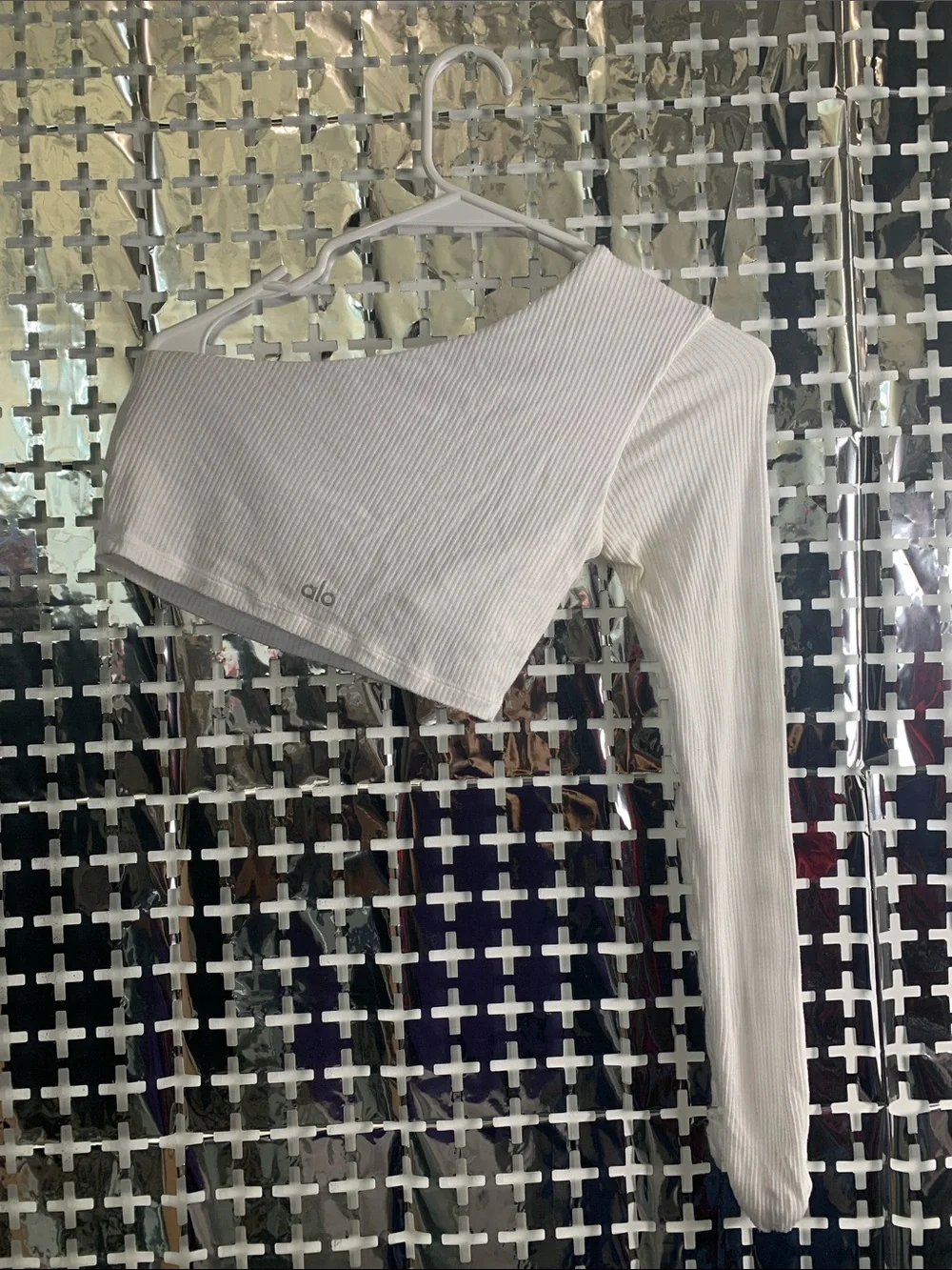 ALO Yoga White Ribbed One-Shoulder Crop Top